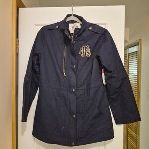 Marleylilly Navy Blue Monogrammed Field Jacket Womens Large Cotton Utility Coat‎